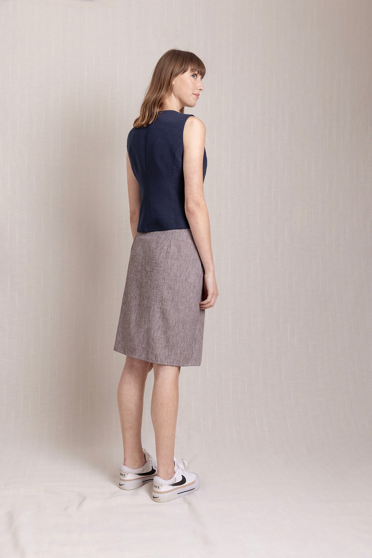 Önden düğmeli Cepli Plikaşe Keten Etek