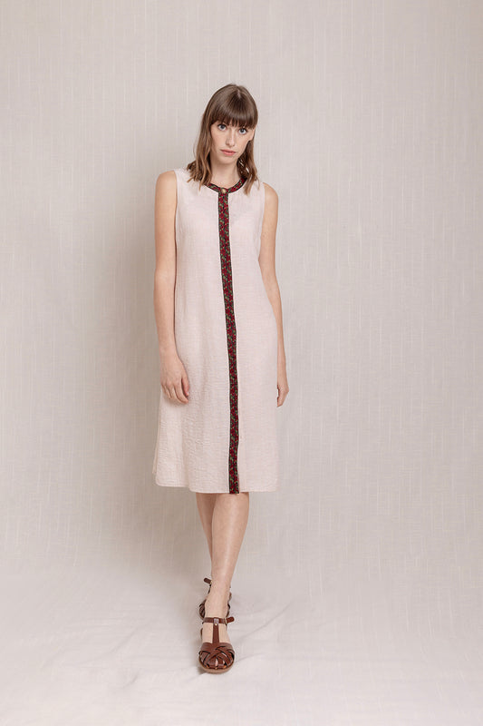 Önden Düğmeli Kolsuz Keten Elbise