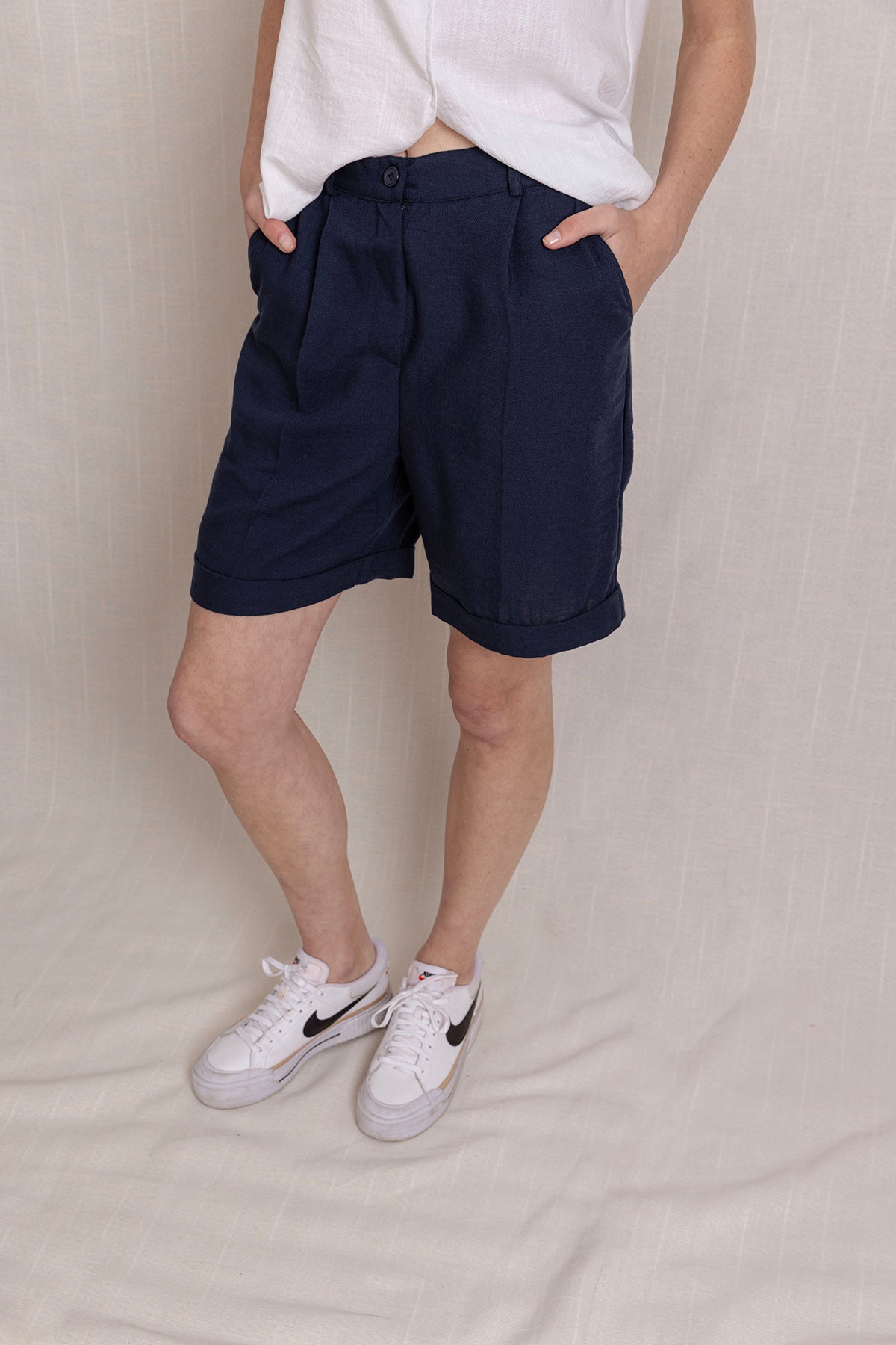 Keten Pleli Duble Paça Şort Pantolon