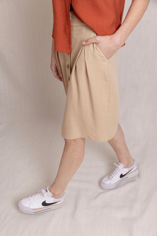 Önden düğmeli Cepli Plikaşe Keten Etek