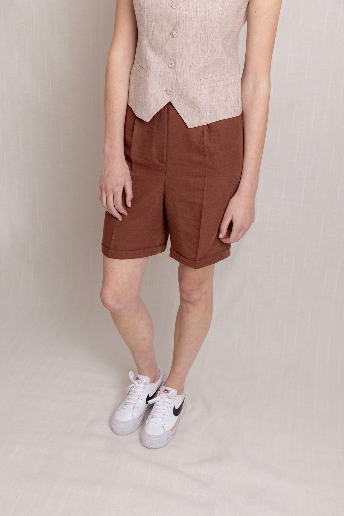 Keten Pleli Duble Paça Şort Pantolon