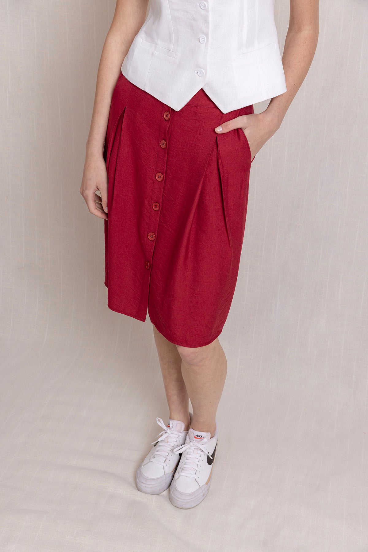 Önden düğmeli Cepli Plikaşe Keten Etek