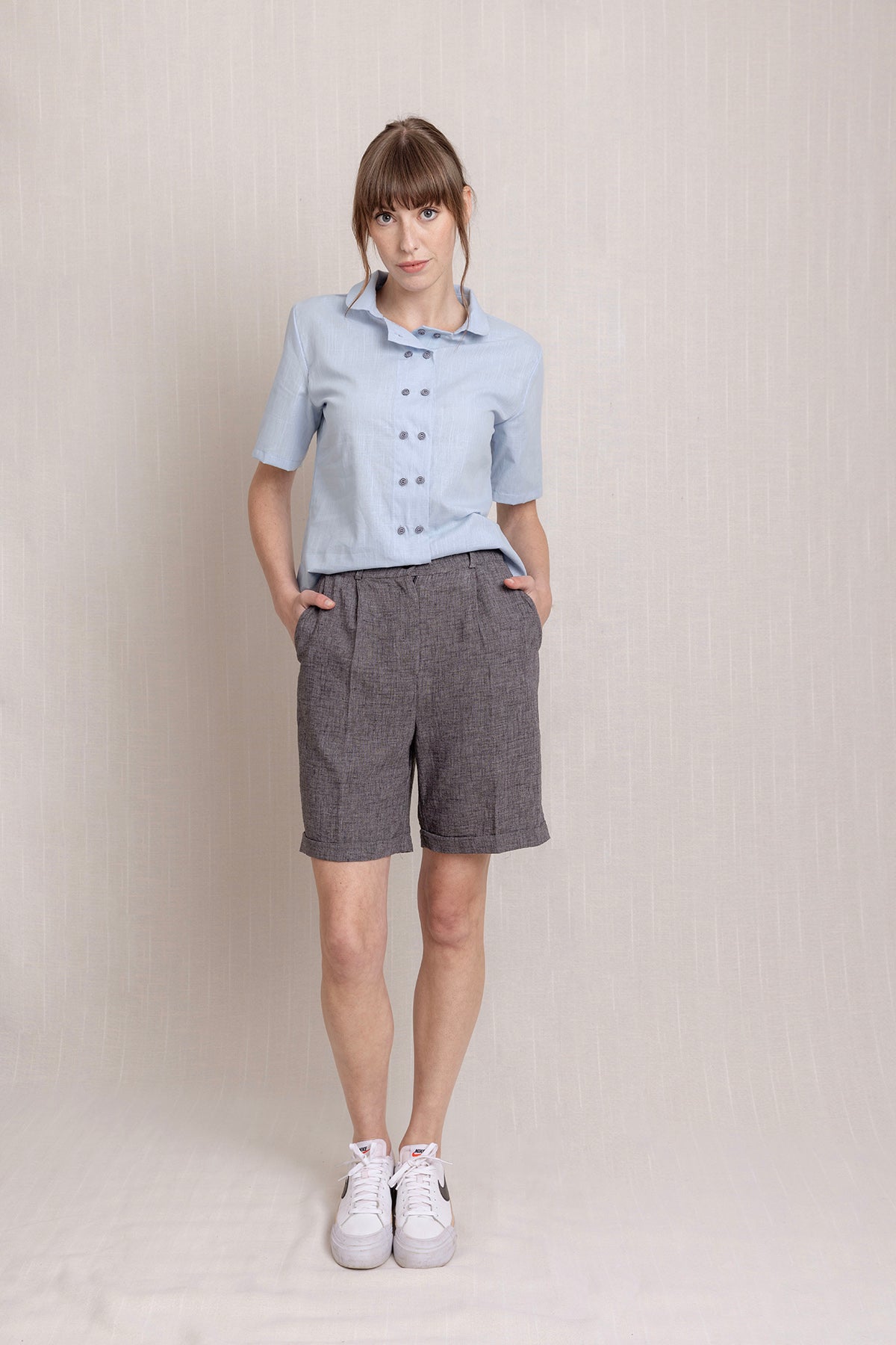 Keten Pleli Duble Paça Şort Pantolon