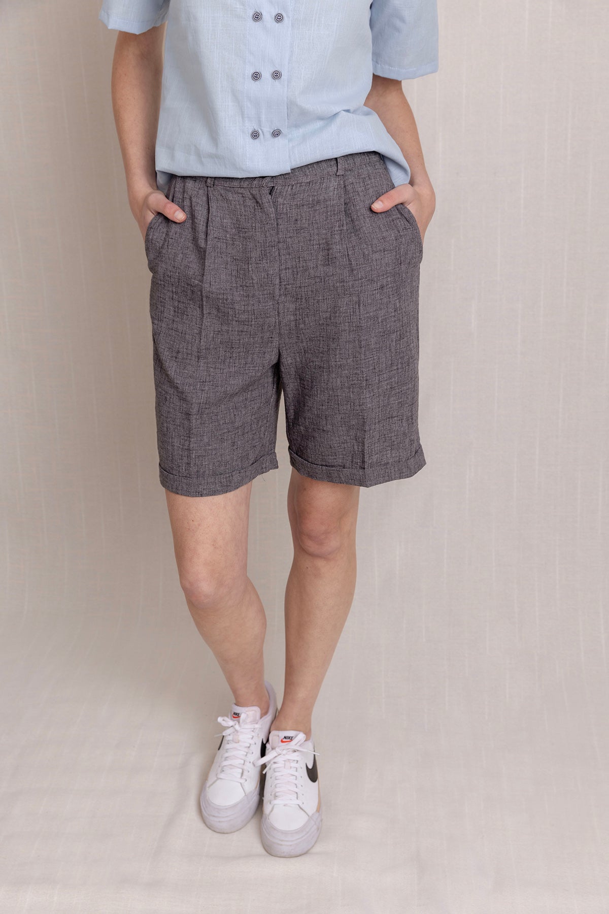 Keten Pleli Duble Paça Şort Pantolon