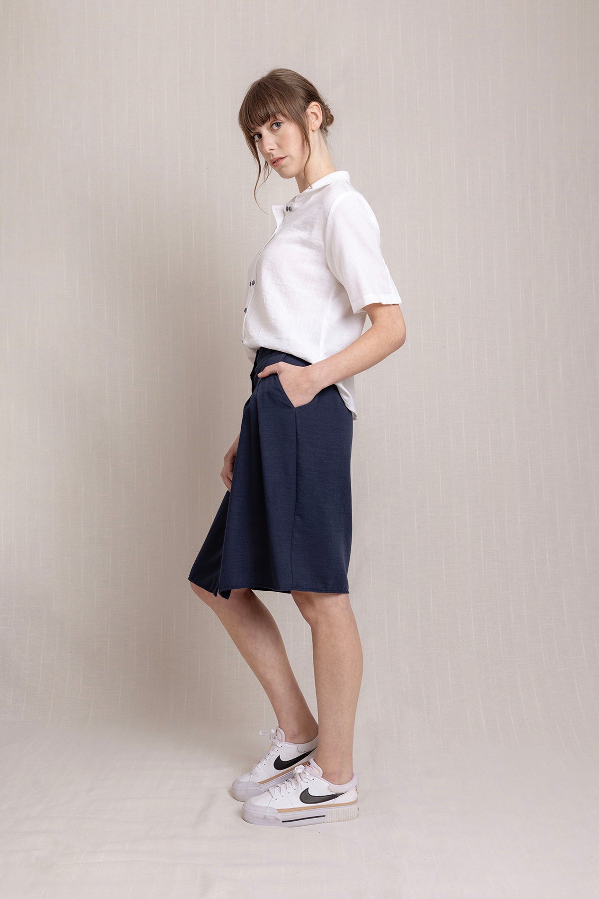 Önden düğmeli Cepli Plikaşe Keten Etek