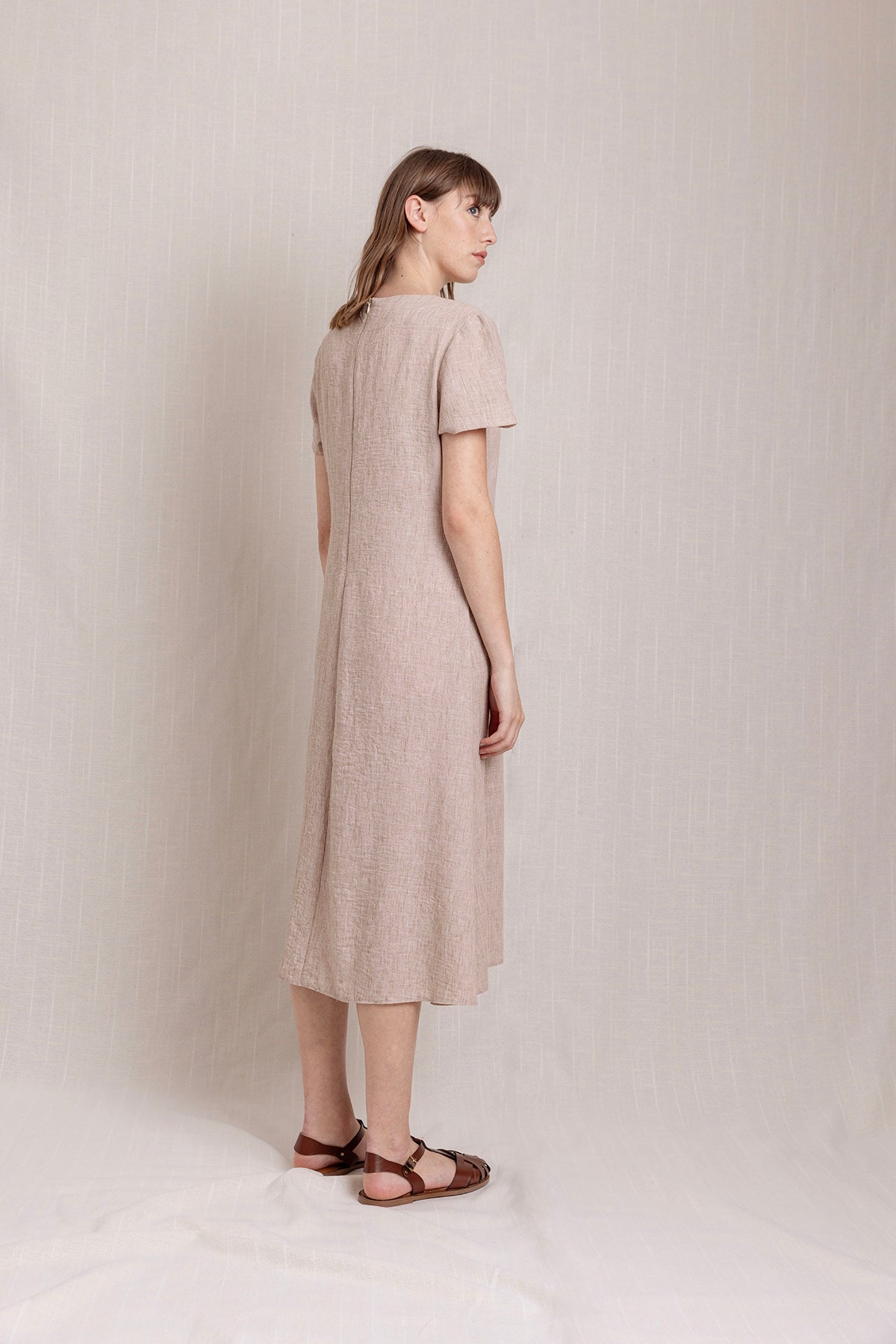 V Yaka Cepli Yazlık Keten Elbise