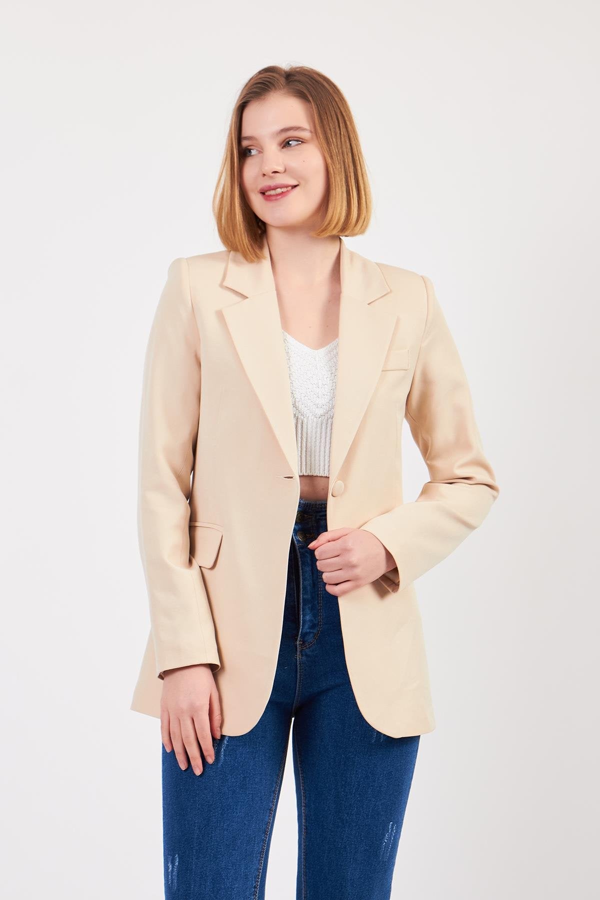 Bej Tek Düğme Ceket