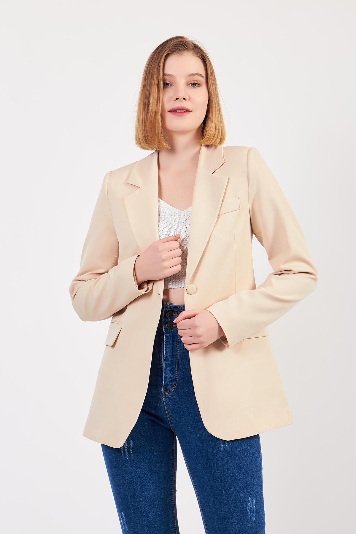 Bej Tek Düğme Ceket